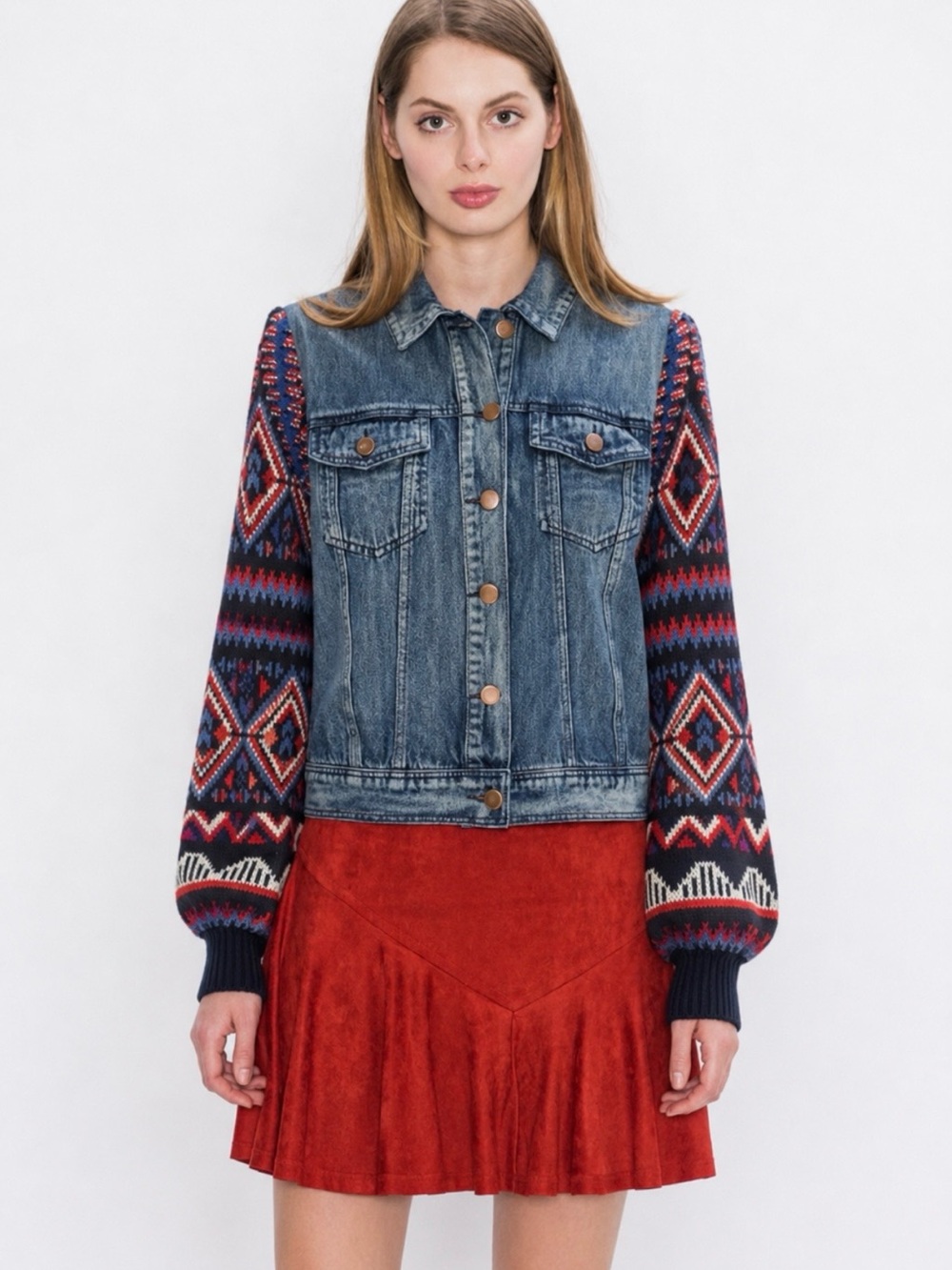 Flying Tomato Jean Jacket with Red + Blue Patterned wide puffy sweater sleeves